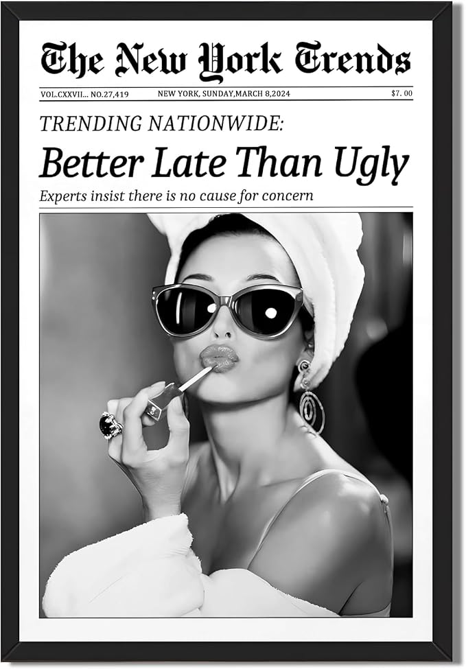 Framed Better Late Than Ugly Wall Decor Newspaper Audrey Hepburn Wall Art | Vintage Black and White Fashion Poster Chic New York Trends Glam Quote Canvas Print for Bedroom Bathroom Dorm 12x16inch