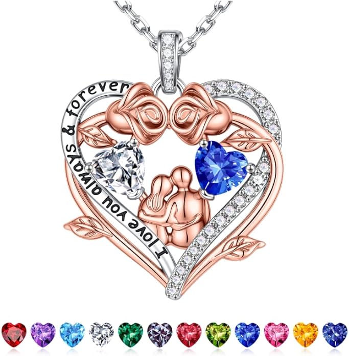 Iefil Valentines Gifts for Her Wife - 925 Sterling Silver Double Heart Birthstone Necklace, Anniversary Birthday Gifts for Women Wife Girlfriend