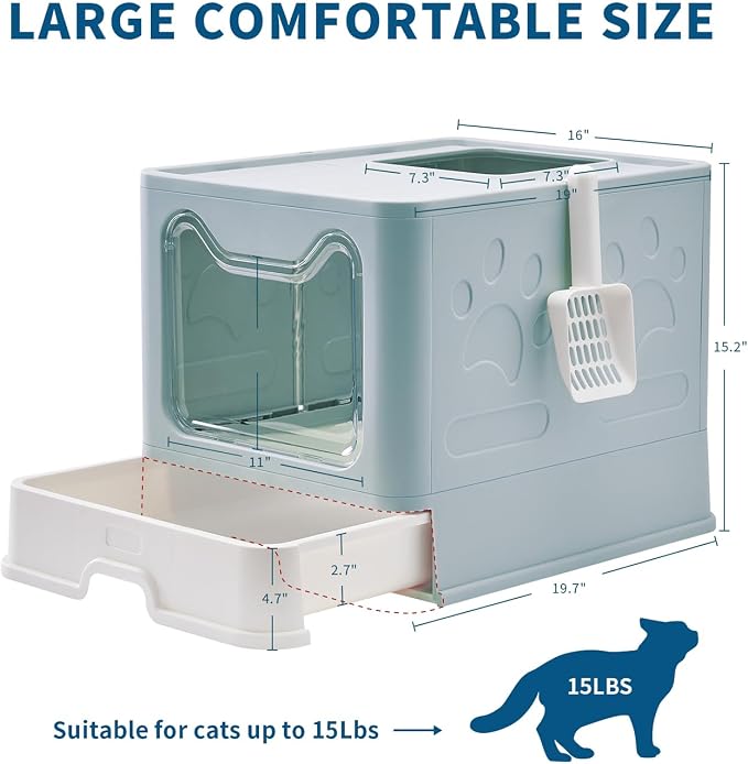 Medario Cat Litter Box with Litter Mat and Scoop(Blue) | Large Covered Litter Box with Lid, Enclosed Kitty Box, Front Entry Top Exit, Odor Control, Easy to Clean