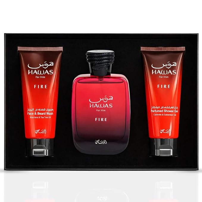 RASASI Hawas Fire For Men 3 Piece Gift Set Eau De Parfum Spray, Face & Beard Wash & Shower Gel 100ml (3.4 Oz)