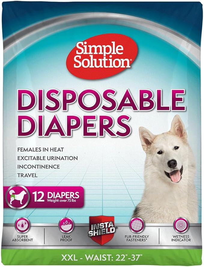Simple Solution Female Dog Diapers, Disposable Dog Diapers, XXL, 12 Count | Dog in Heat, Potty Training, Incontinence Support, Leak Proof, Puppy Training, Disposable Protection, Secure Fit, 22-37 Inch