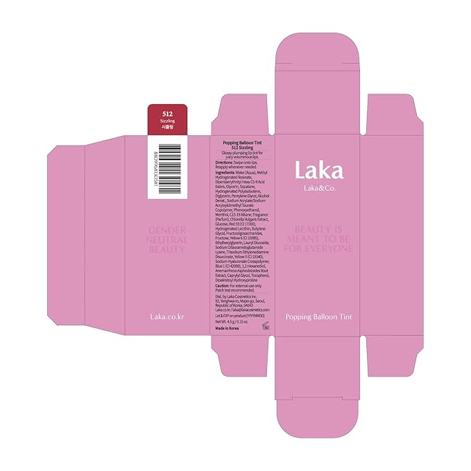 Laka Popping Balloon Lip Stain, 4.5g/0.15oz, Glossy Plumping Lip Tint, Moisturizing, Non-Sticky Texture for All-Day Hydration, Vegan, K-Beauty (#512 Sizzling)