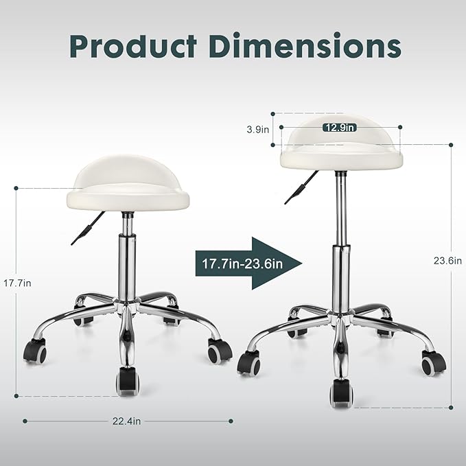 Swivel Rolling Stool with Wheels Height Adjustable Stool Chair Drafting Chair with Backrest Stable Base Foot White