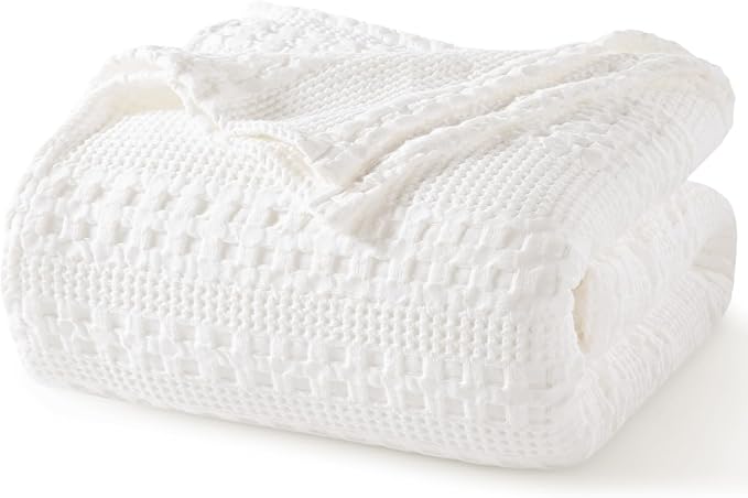 PHF 100% Cotton Waffle Blanket Twin Size, Lightweight Breathable Summer Blanket for Hot Sleepers, Pre-Washed Soft Layer for Bed, Dorm, Couch & Guest Room, Home Decor Gift, 66"x90", White