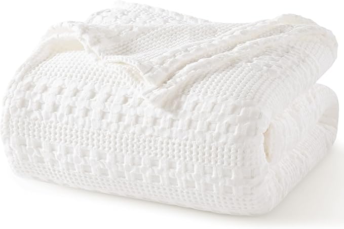PHF 100% Cotton Waffle Weave Blanket Queen Size, Lightweight Breathable Summer Blanket for Hot Sleepers, Pre-Washed Soft Layer for Bed, Couch, Aesthetic Home Decor & Gift, 90"x90", White