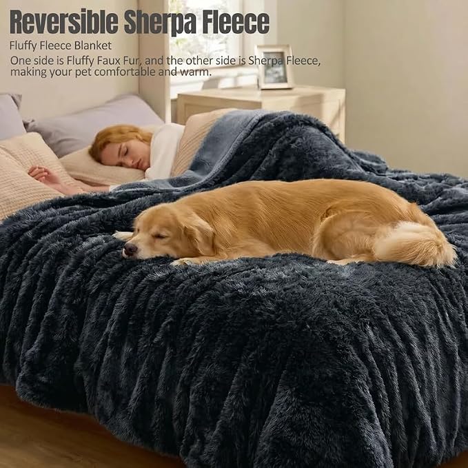 Waterproof Dog Blanket Pet Throw Blankets Fluffy Long Faux Fur Reversible Puppy Blankets 40x28in Furniture Protector Cover for Sofa Bed Couch Bed Cover Washable for Dogs Cats (Grey S)