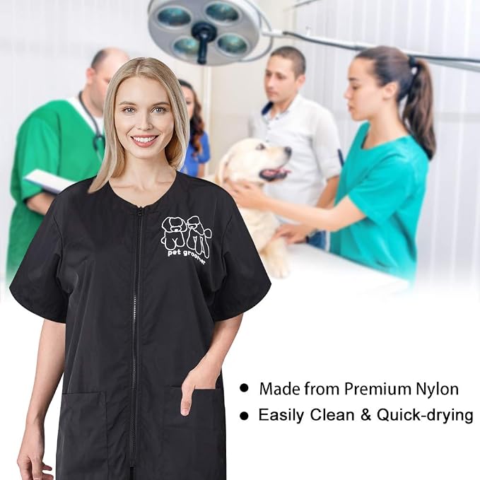 Noverlife Short Sleeve Pet Grooming Work Clothes with Full Zipper, M Size | Anti-Static & Splash Proof Pet Beautician Uniforms, Hair Repellent Smock & Trousers for Professional Dog Cat Grooming Salon