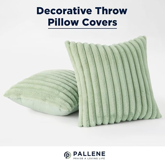 Pallene Faux Fur Decorative Throw Pillow Covers 16x16 Set of 2, Sage Green | Luxury Plush Texture, Striped Design, Cozy Soft Touch, Modern Home Accent Decor for Couch, Sofa, Bed, Living Room
