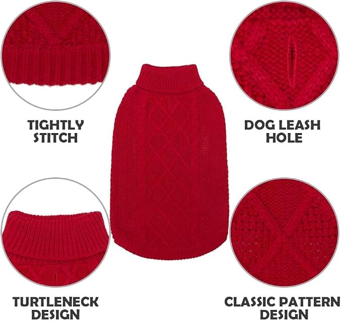 Mihachi Turtleneck Dog Sweater - Winter Coat Apparel Classic Cable Knit Clothes with Leash Hole for Cold Weather, Ideal Gift for Pet in New Year Red X-Large