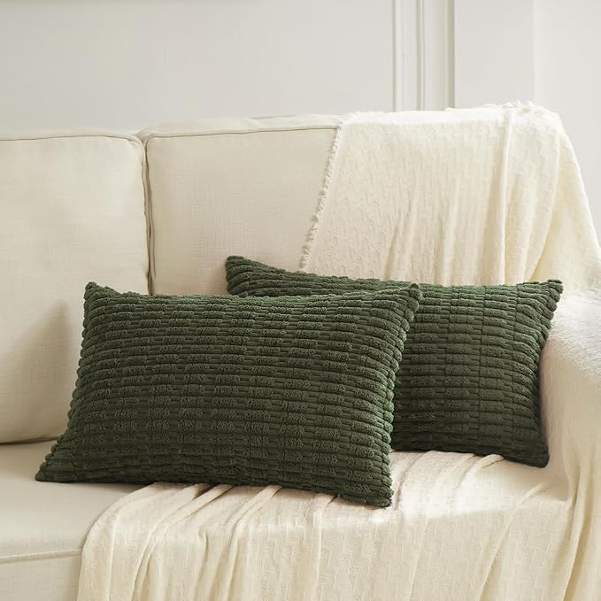 Fancy Homi Decorative Throw Pillow Covers for Bed Couch Bedroom Bench, Soft Corduroy Solid Pillow Case, Rustic Farmhouse Boho Room Decor,20" x 12" (Pack of 1),Olive Green