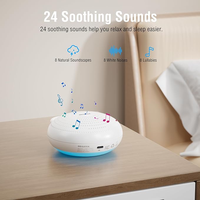 MEGATEK Sleep Sound Machine, 24 Soothing Sounds, 9 Color Dimmable Night Light, Bluetooth & 180s Voice Recording, 2000mAh Rechargeable Battery with Timer & Hook, Easy to Use