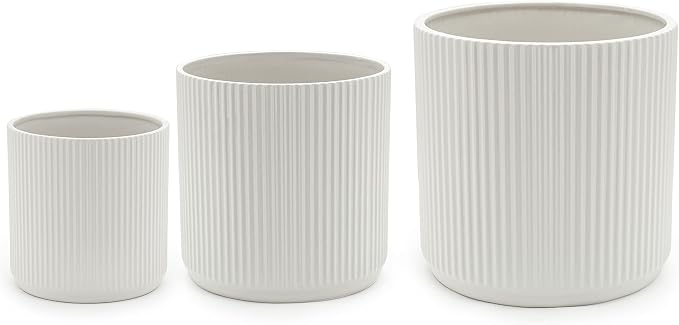 Amazon Basics Fluted Ceramic Planters for Indoor Outdoor Plants, Round Flower Pots with Drainage Hole, Set of 3, 6 inch, 8 inch, 10 inch, White