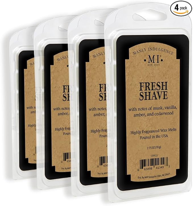 Manly Indulgence Fresh Shave Scented Wax Melts, Wax Melt Warmer Cubes, Long Lasting Scented Wax Warmer Cubes, 4 Pack, 6 Cubes Each - Made in The USA