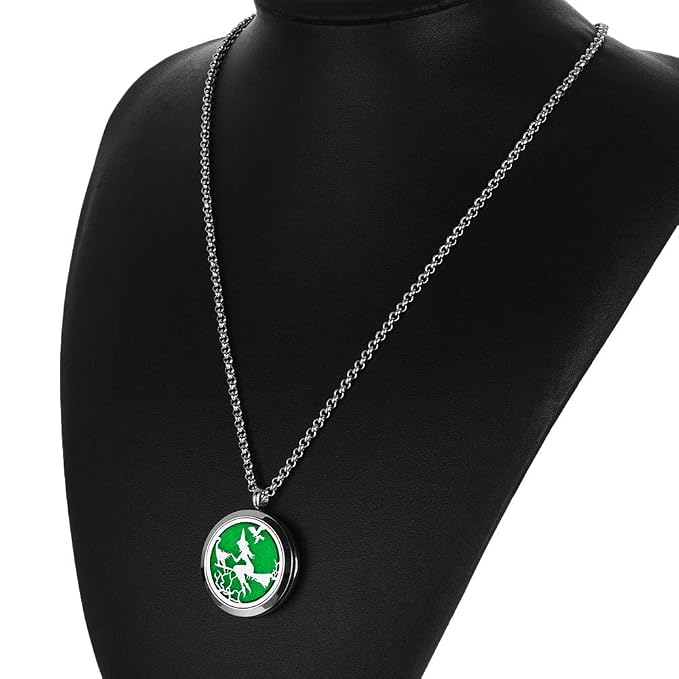 Essential Oil Diffuser Necklace - Aromatherapy Jewelry Halloween Stainless Steel Magic Witch Locket Pendant with 24 Inches Chain + 8 Washable Refill Pads Birthday