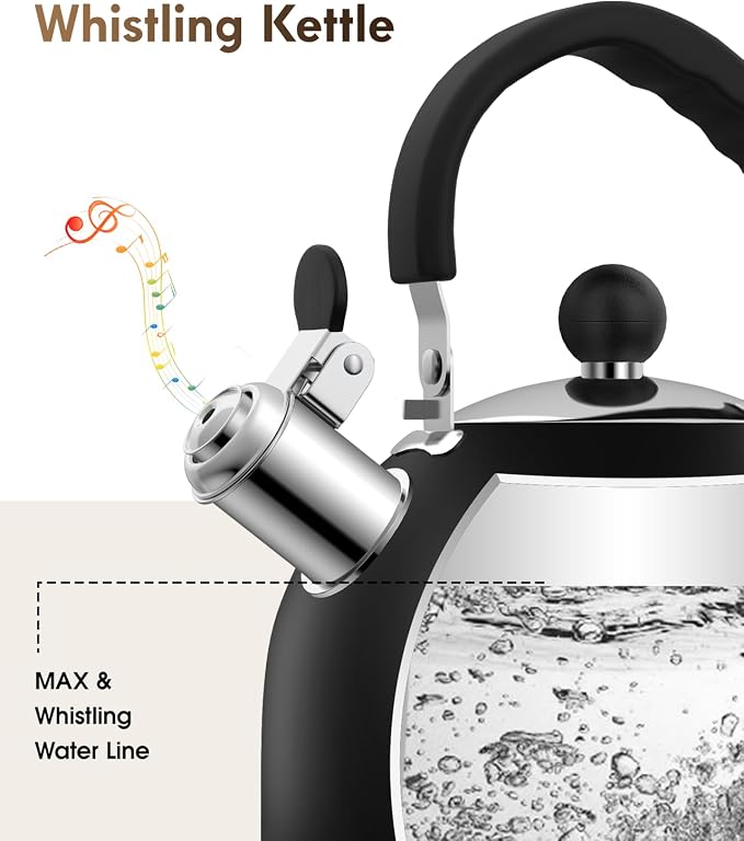 Premium Stainless Steel Tea Kettle for Stove Top - 2 Quart Classic Stovetop Teapot, Loud Whistle Kettle with Ergonomic Handle - Ideal for Hot Water & Tea,Coffee & Kitchen Decor(black)
