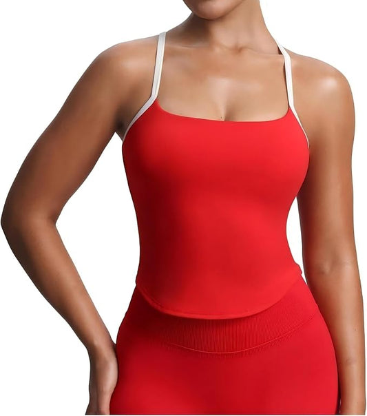 Aoxjox Women's Workout Sleeveless Color Block Lexi Tank Tops Contrasting Strap Cross Back Yoga Curve Longline Crop Top