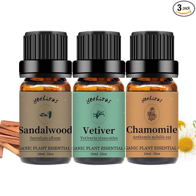 Yethious Chamomile Sandalwood Vetiver Essential Oil Set Organic 100% Pure Aromatherapy Oils for Diffuser