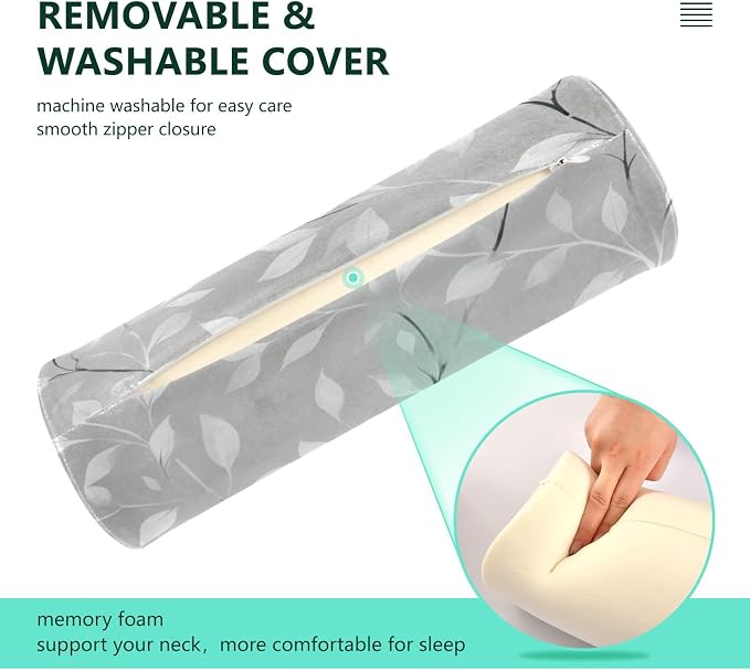 Grey Vine Leaves Neck Roll Pillow Bolster Round Health Memory Foam Long Cervical Cylinder Pillows with Removable Washable Cover for Body Bed Legs Back Yoga