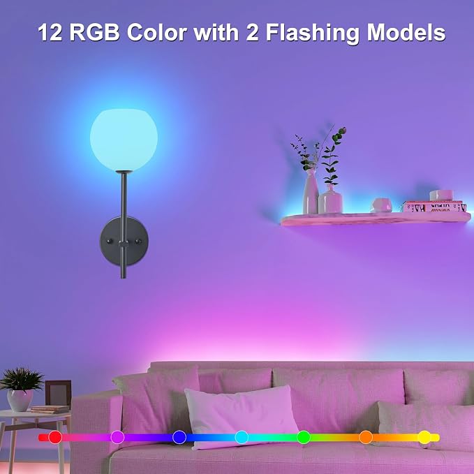 Black Battery Operated Wall Sconces Set of 2, Rechargeable Wireless Wall Lights with Milky White Frosted Glass Shade, 12 RGB and 3CCT Dimmable, Wall Lamps with Remote for Bedroom Living Room Hallway