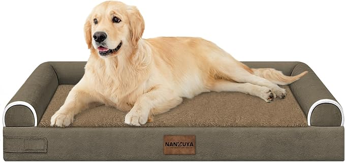 Orthopedic Dog Bed for Large Dogs, 36 x 27 Inch, Brown | Egg crate foam for joint support, 3-sided bolster pet sofa, waterproof lining, washable cover, and non-skid base