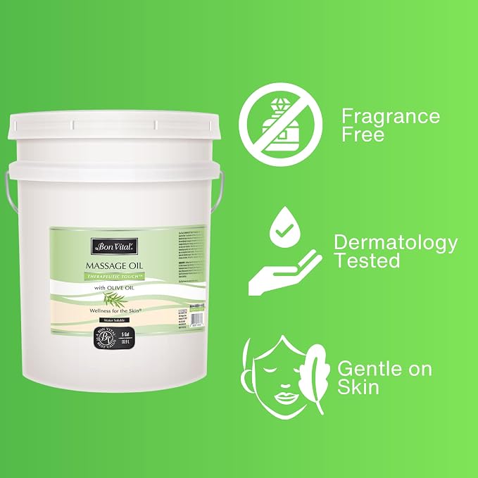 Bon Vital' Therapeutic Touch Massage Oil, 5-Gallon Pail, Unscented Massage Oil for Massage Therapy With Olive Oil, Lightweight Non-Greasy Formula, Professional-Grade for Dry Skin and Sore Muscles