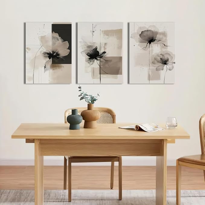 Neutral Abstract Floral Canvas Wall Art Modern Large Minimalist Wall Decor Contemporary Beige Black Flower Posters Prints Picture for Living Room Bedroom Bathroom Office 12x16 In Framed