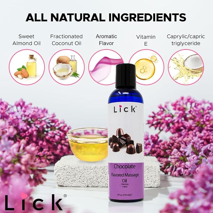 Lick Chocolate Flavored Massage Oil – Rich Dessert-Inspired Edible Massage Oil with Sweet Almond Oil & Vitamin E, Luxurious Glide for Romantic Couples Massage, 4 oz
