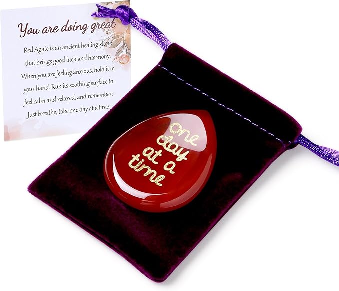 ZHIYUXI One Day at A Time Red Carnelian Agate Thumb Worry Stone for Anxiety Crystals Hand Thumb Stones Pocket Thinking of You Gifts for Women Inspirational Worry Stones for Stress Relief