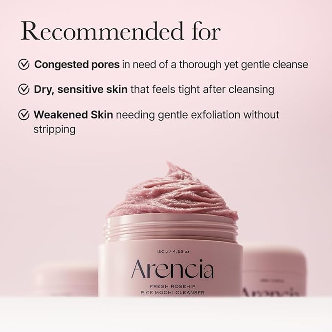 Arencia Rosehip Brightening Rice Mochi Face Cleanser & Daily Scrub - Moisturizing, Exfoliating & Deep-Cleansing - All Skin Types with Rice Powder & Rice Water (1.76oz)
