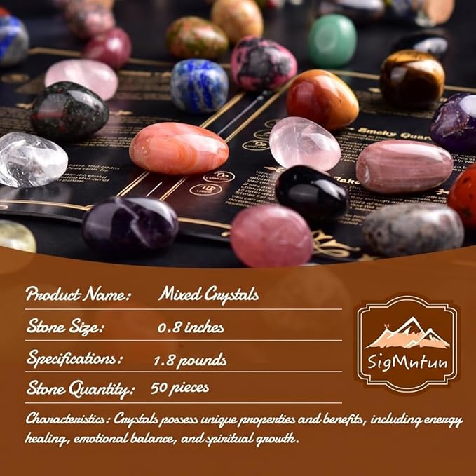 Polished Stone Set, Limited Edition, 50 Pcs, 1.8 lbs, 0.8 Inches, 25 Types of Extra Large Tumbled Gemstones and Crystals in Bulk for Healing, Reiki, Meditation, and Witchcraft
