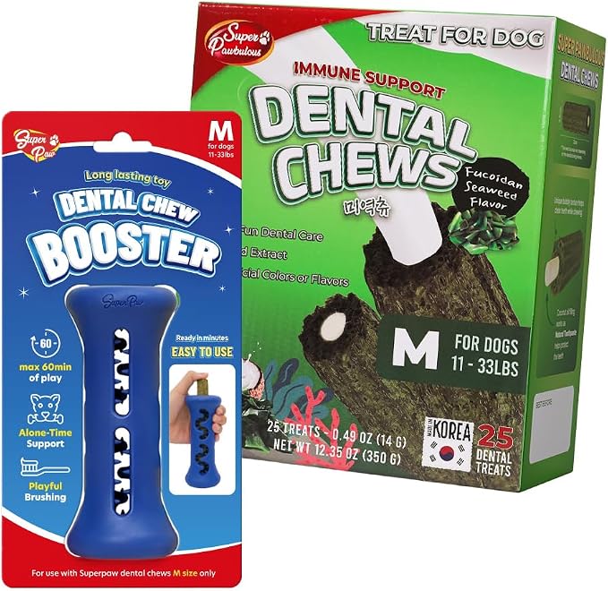 SuperPaw Dog Dental Chews (Seaweed, M) & Chew Holder (M) Bundle Kit