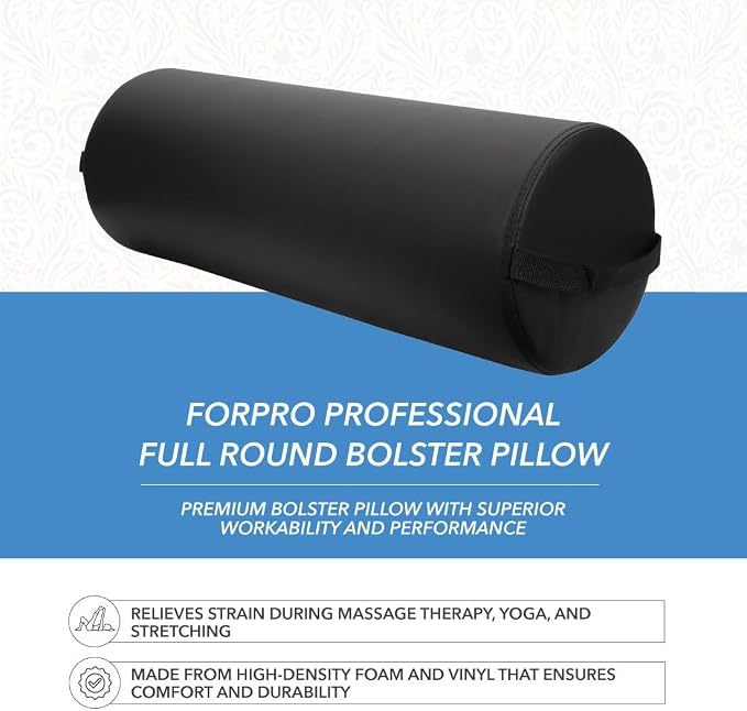 ForPro Professional Collection Jumbo Full Round Bolster Pillow, Black, Oil and Stain-Resistant, for Massage and Yoga, 9” R x 26” L