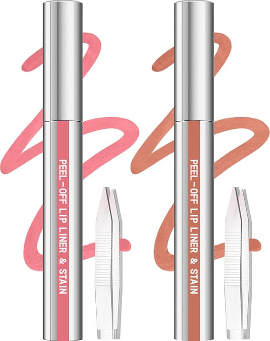Cilrofelr 2 Colors Lip Liner Stain Peel Off Set with Tweezers - Long Wearing, Transfer Proof, Matte Finish, Quick Plump Lip Effect, Peel Off Lip Stain for All Skin Tones (Nude Pink + Nude Beige)