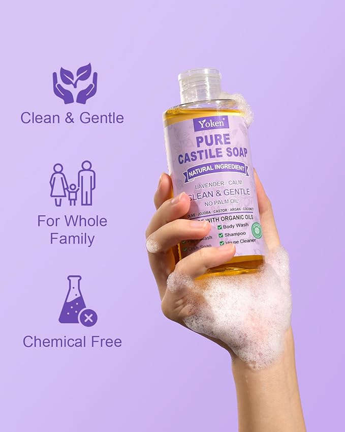 Yoken Pure Castile Soap Liquid Lavender 8 OZ, Made with Certified Organic Oils, Gentle Lavender Soap for Hands & Body Wash, Face, Dishes, Laundry & More - Vegan & Natural Ingredients Cleanser