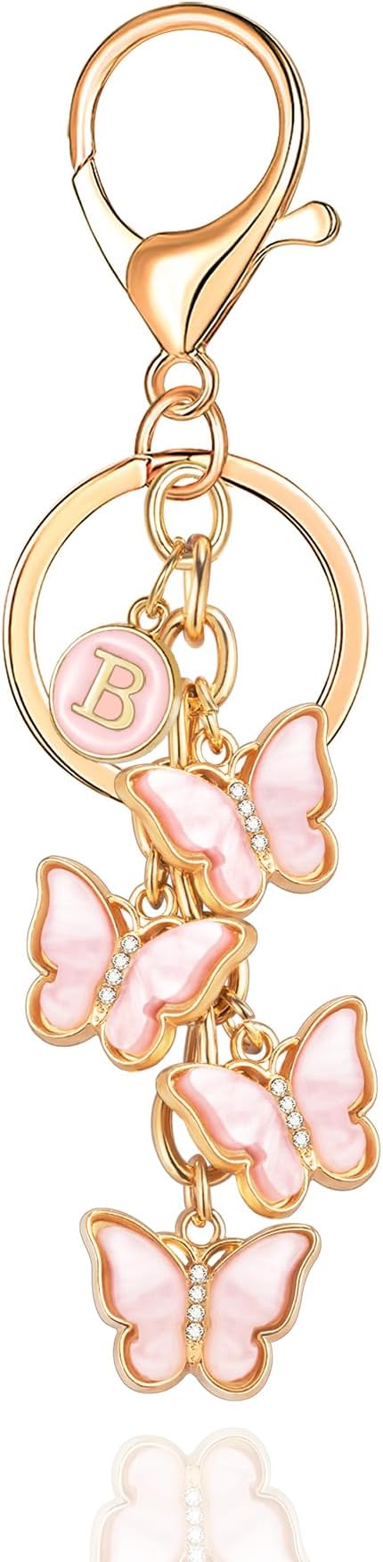 XGALBLA White Pink Black Cute Butterfly Initial Letter Keychain for Women, Butterfly Bag Charms Keyring for Handbags Backpack