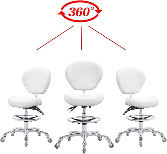 Grace&Grace Drafting Chair Adjustable Tall Shop Stool, Rolling Stool with Back Support for Studio, Classroom, Lab, Counter, Medical (White)