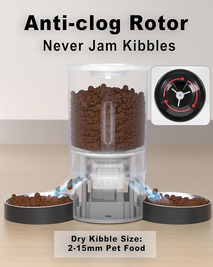 Dual Automatic Cat Feeder 2 Cats, 4.2L Dry Food Auto Dispenser with Double Stainless Steel Bowls,Dual Power Supply,Programmable Portion Control,10s Voice Recorder (Transparent Black)
