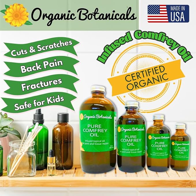 Pure Organic Comfrey Leaf Infused Oil - Skin Care for Joints, Back, Muscles, Fractures, Bruises, and Minor Wounds, Natural Herbal Body Massage Oil, Certified Organic (16 oz)