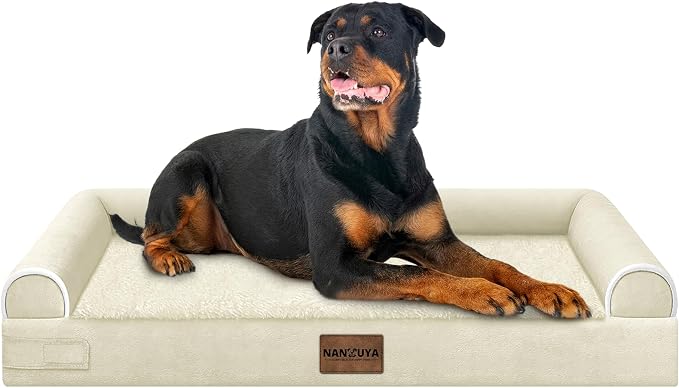 Orthopedic Dog Bed for XX-Large Dogs, 44 x 34 Inch, Beige | Egg crate foam for joint support, 3-sided bolster pet sofa, waterproof lining, washable cover, and non-skid base