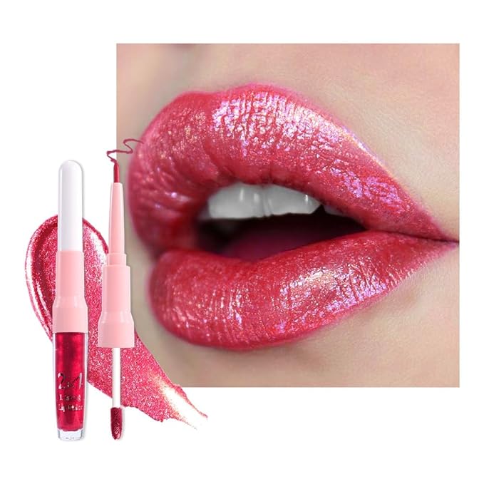 evpct Rose Red Metallic Glitter Lip Liner and Lipstick Combo Lip Gloss Stain Set Makeup for Women Long Lasting Waterproof 24, Rose Red Metallic Shimmer Frosted Iridescent Glossy Liquid Lipstick 25