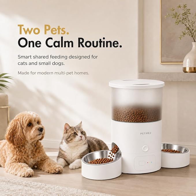 3L Dual Automatic Pet Feeder - Smart & Quiet Cat Automatic Feeders for 2 Cats with App Control, 2 Way Audio, Dual Power Options, Portion Control, Self-Feeding Cat Food Dispenser - White