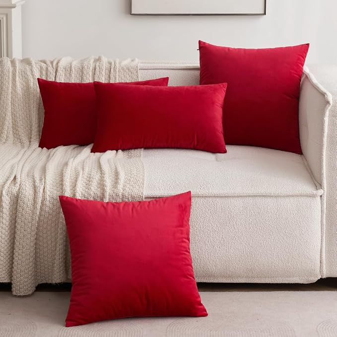 MIULEE 26x26 Inch Pack of 2 Euro Velvet Throw Pillow Covers Red | Soft Solid Decorative Euro Sham, Modern Luxury Home Decor, for King Bed Sofa Couch Bedroom Livingroom