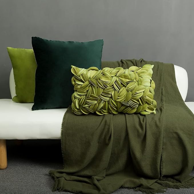 KINGROSE Velvet 3D Flower Lumbar Throw Pillow Cover, Green, 12 x 20 Inches | Floral Decorative Pillowcase, Soft Cushion Cover, For Bed Couch Sofa Living Room Summer
