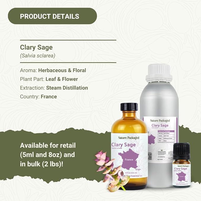 Clary Sage Essential Oil - Direct from France - Steam Distilled - Aceite de Salvia Esclarea for Aromatherapy, Massage, Diffuser, DIY Candle and Soap Making - 2lbs