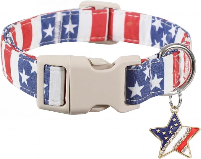 American Flag Dog Collar, Patriotic Dog Collar for Boys Girls Dog, Adjustable Puppy Collar with Star Pattern for 4th of July Occasion & Daily Walking, Fits Puppies and Small Breeds