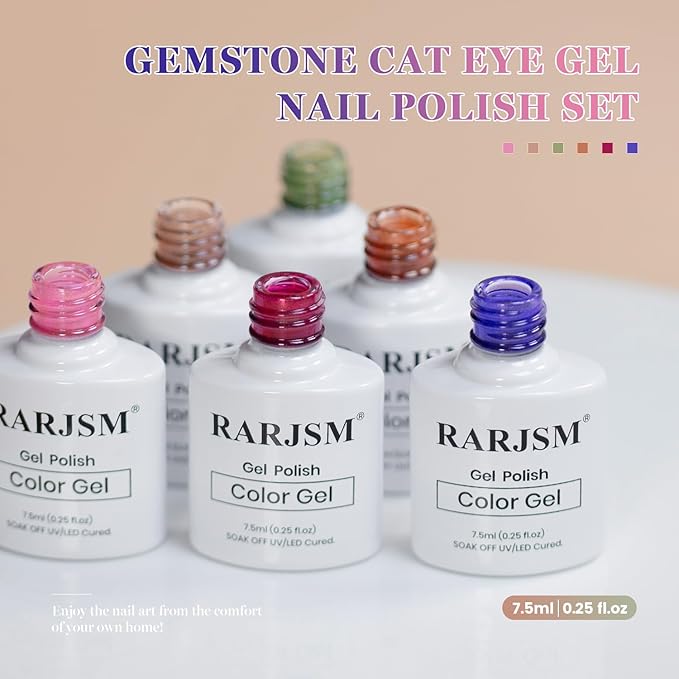 RARJSM Golden Glassy Glitter Cat Eye Gel Nail Polish Set 6Pcs Champagne Rose Pink Olive Green Amber Orange Ruby Red Royal Blue Smoothie Cateye Gel Polish with Magnetic Stick Curing Require Home Salon