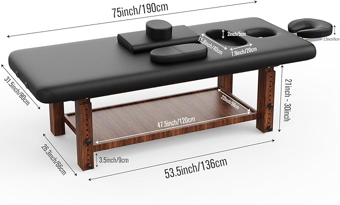 Wood Heavy Duty Stationary Massage Table with Adjustable Face Pillow and Adjustable Legs for Treatment, Physical Therapy, Spa Facial Professional Massage Bed, Black Leather 31.5'' W x 75.5'' L, 700LBS