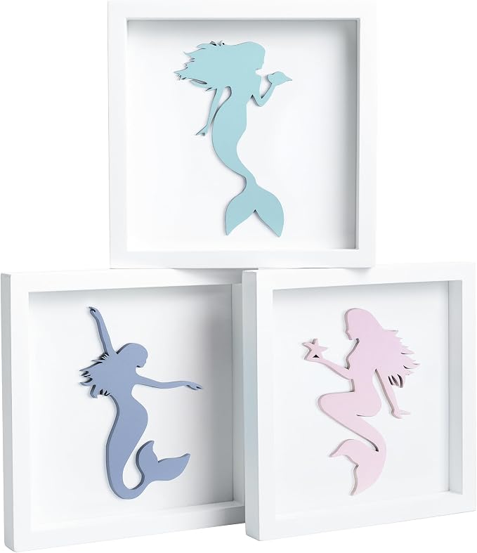 Tide and Tales Elegant 3D Mermaid Wall Decor, Framed Wooden Set of 3 Silhouettes in Pastel Colors, Mermaid Bathroom Decor, Ocean Room Decorations for Girls Bedroom, Ocean Wall Art