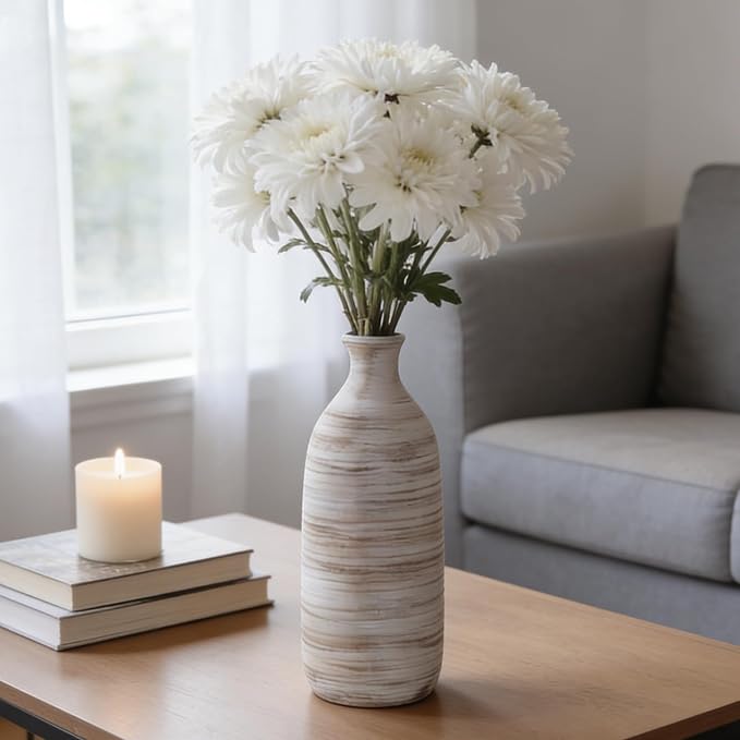 ALMA 10" Small White Ceramic Vase, Boho Flower Vases for Pampas Grass | Decorative Centerpieces with a Narrow Neck, Featuring Modern Coastal Style for Tabletops, Housewarming, Birthday Gift