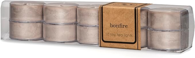 Eco Candle Co. Bonfire Soy Tea Light Candles, 10-Pk, 9 Hr Burn Time | Scents of Smoldering Wood, Smoke, & Incense - Recyclable, No Lead, Hand Poured, Made from Midwest Grown Soybeans
